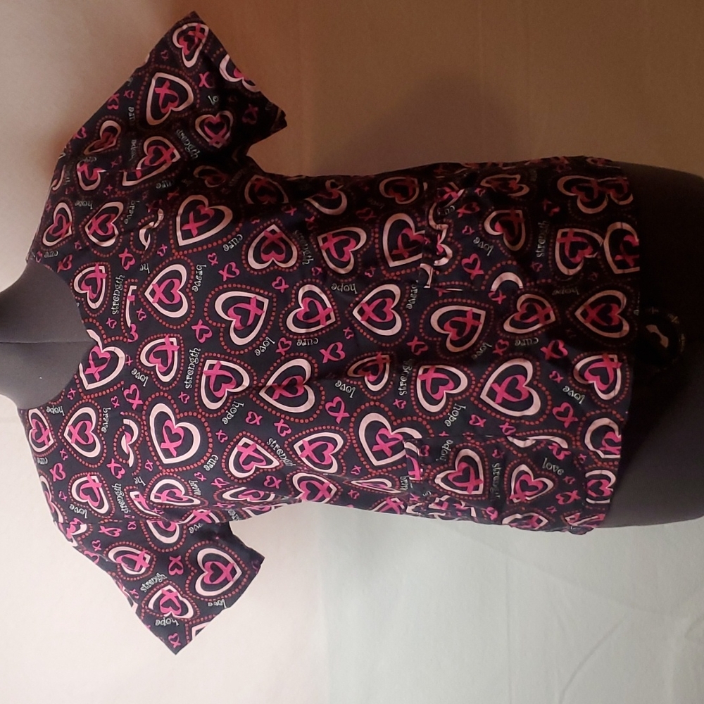 Valentines women nursing srub top with breat cancer support ribbons.